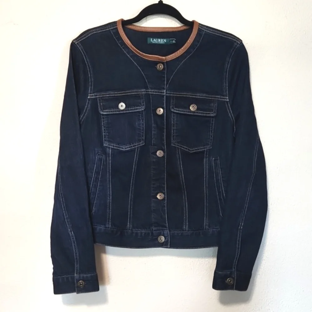Ralph Lauren Dark Blue Denim Jacket Leather Trim Collar Large - Picture 2 of 13